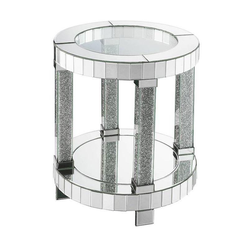 Round Mirrored Glass End Table with Faux Diamonds