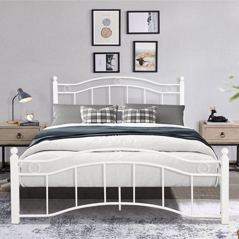 Queen Size White Metal Frame Platform Bed with Upholstered Headboard