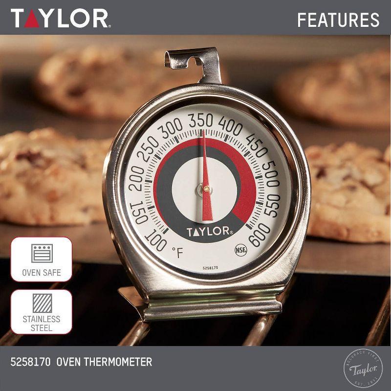 Taylor Ambient Oven Grill Temperature Thermometer: Stainless Steel, Analog, Large Dial, 100-600°F, Spot Clean