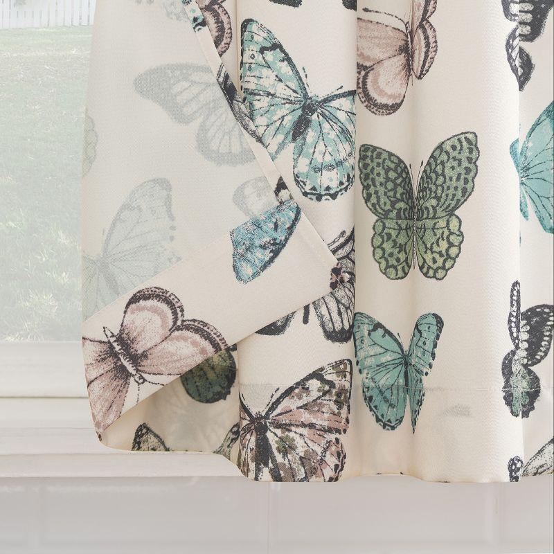 Blue Butterfly Print Sheer Polyester Kitchen Curtain Tier Pair