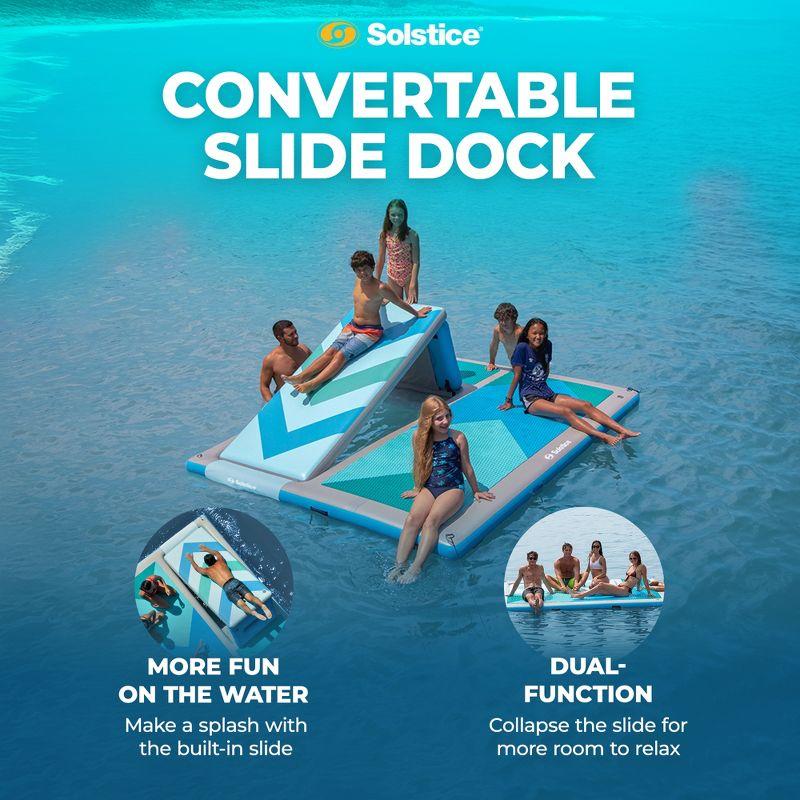 Solstice 10 Foot x 8 Foot Inflatable Convertible Floating Slide Dock Water Lounger Platform with Pump and Storage Bag for Lakes, Pools, and Rivers