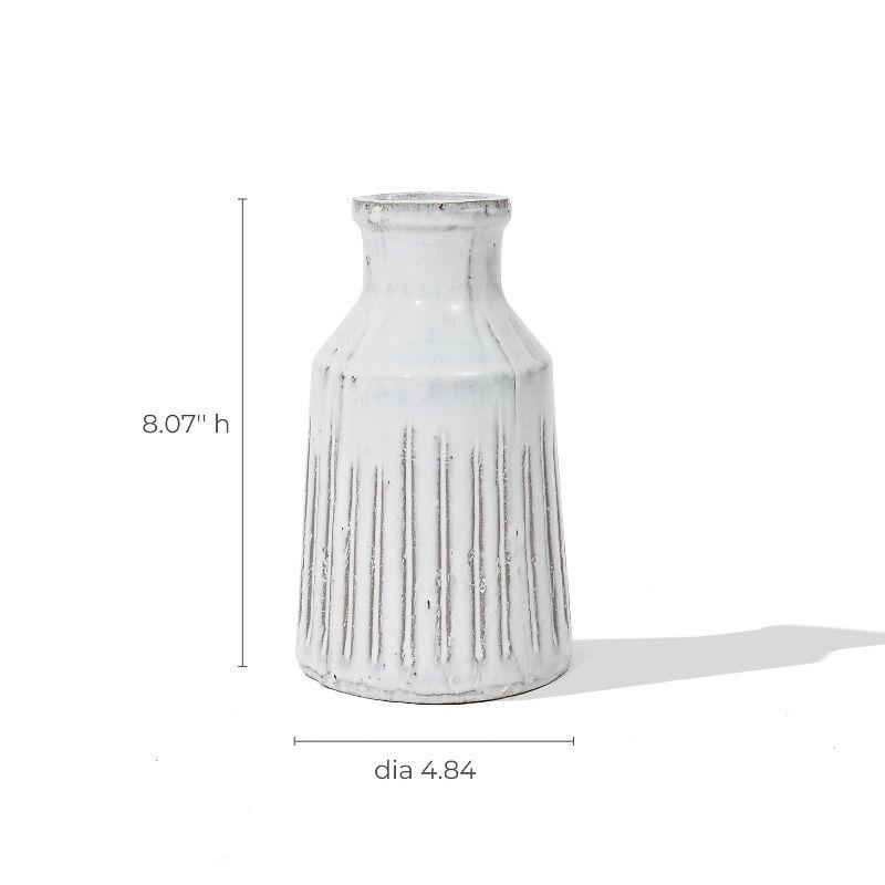 LuxenHome Vintage White Ribbed Terracotta Round Vase