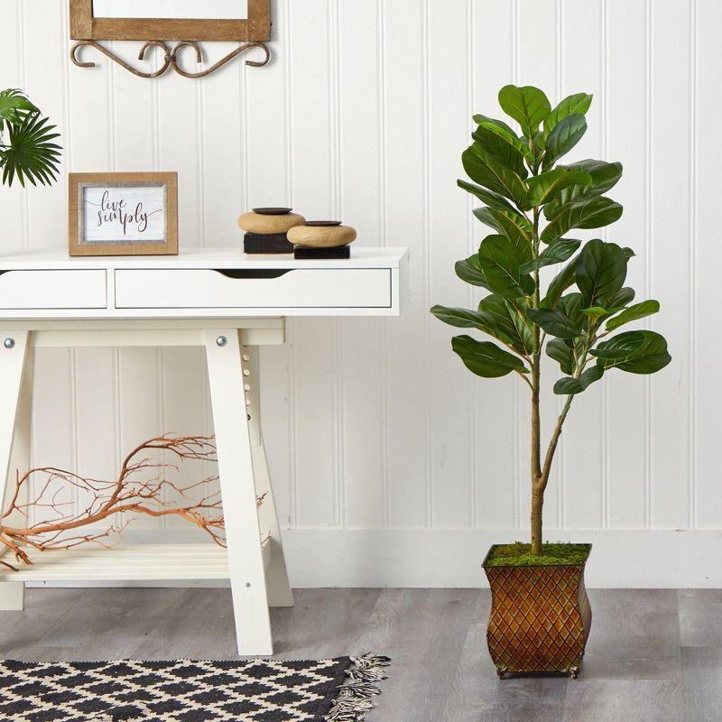 Nearly Natural 4-ft Fiddle Leaf Fig Artificial Tree in Metal Planter with Faux Moss