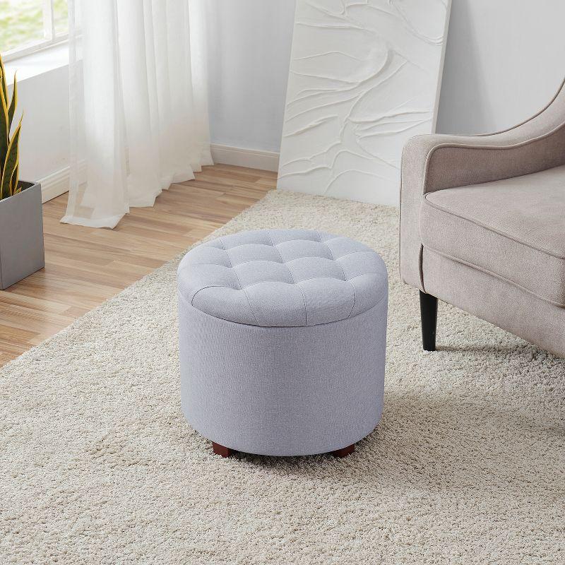Ornavo Home Linen Upholstered Round Tufted Storage Ottoman with Wooden Legs - Gray