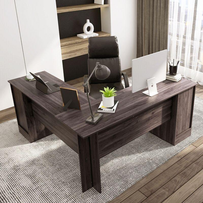 Costway 66.5'' L Shaped Home Office Desk Corner Computer Desk Keyboard Tray Dark Brown
