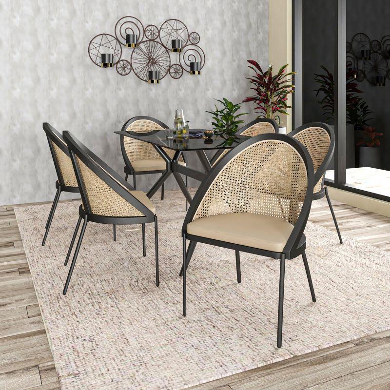 LeisureMod Urbane Dining Chair vynil Upholstery, Wicker-back and Stainless Steel Legs, Set of 4, Cream