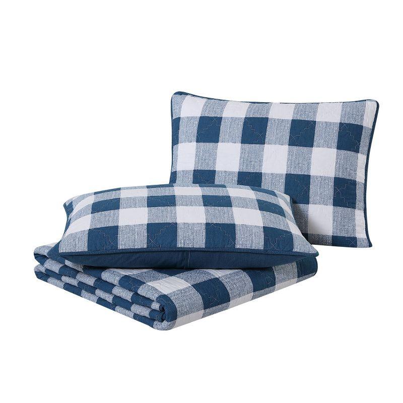 King Blue Cotton Reversible Quilt Set with Shams