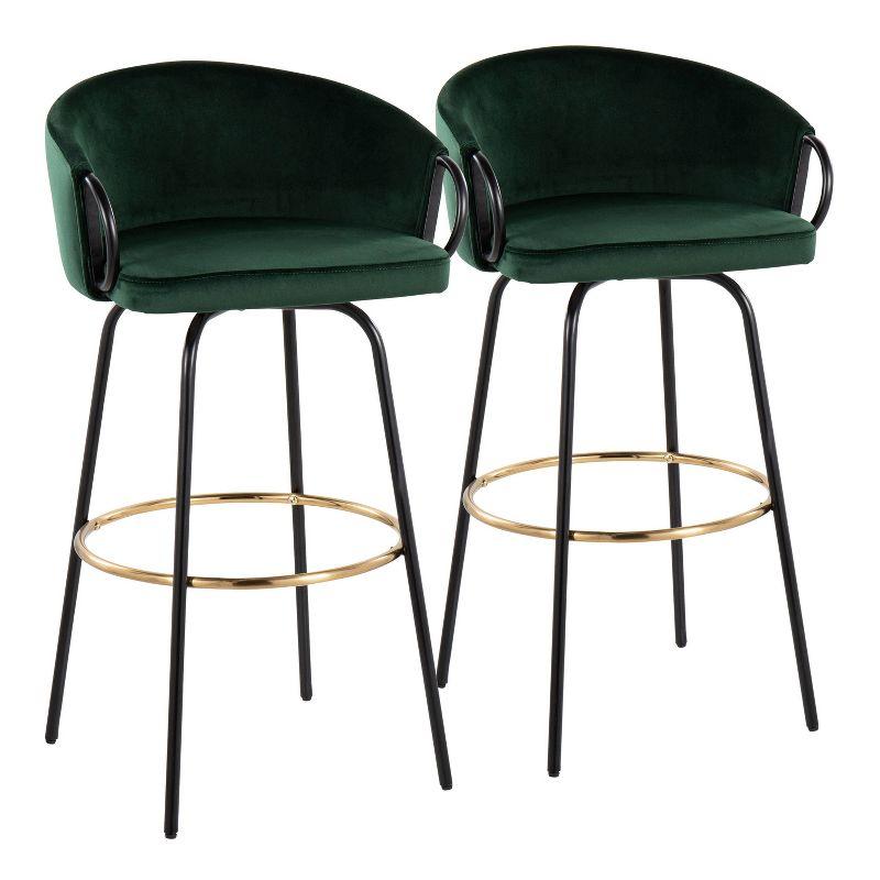 Emerald Green Velvet and Black Metal Adjustable Swivel Barstool Set