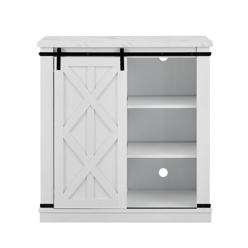 Festivo 37" White Wood Barn Door Buffet Bar Cabinet with Marble Pattern Top