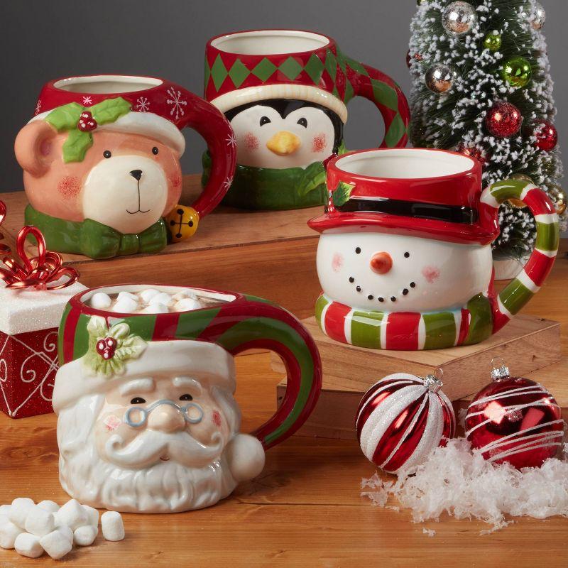 Set of 4 Festive Christmas Ceramic Mugs with 3D Characters