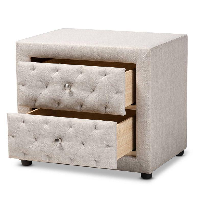2 Drawer Lepine Wood Nightstand Beige - Baxton Studio: Upholstered, Tufted, Silver Knobs, Assembly Required