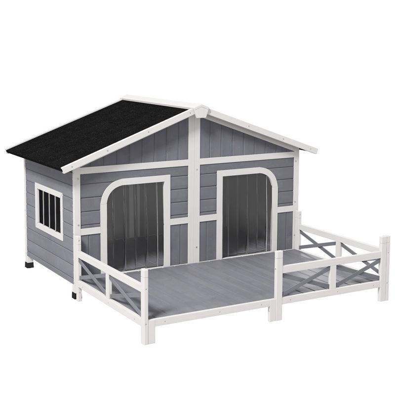 Elevated Large Wooden Dog House with Spacious Sun Deck, Gray