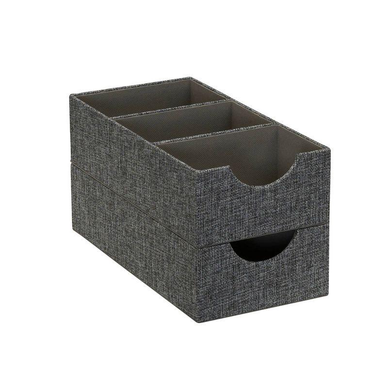 Household Essentials Set of 2 3-Section Drawer Trays Graphite Linen: Stackable Decorative Storage Boxes, Gray, 12"x6"