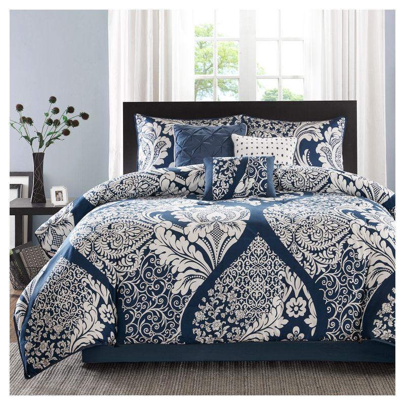 Indigo and White King Cotton Damask Comforter Set