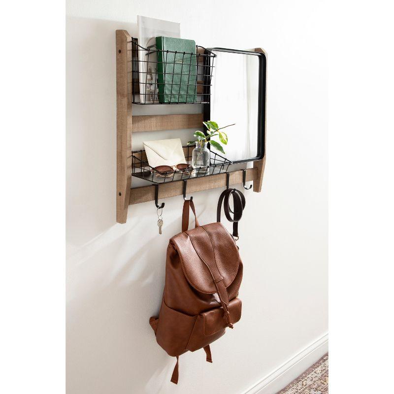 Rustic Brown Wall Organizer with Mirror and Hooks