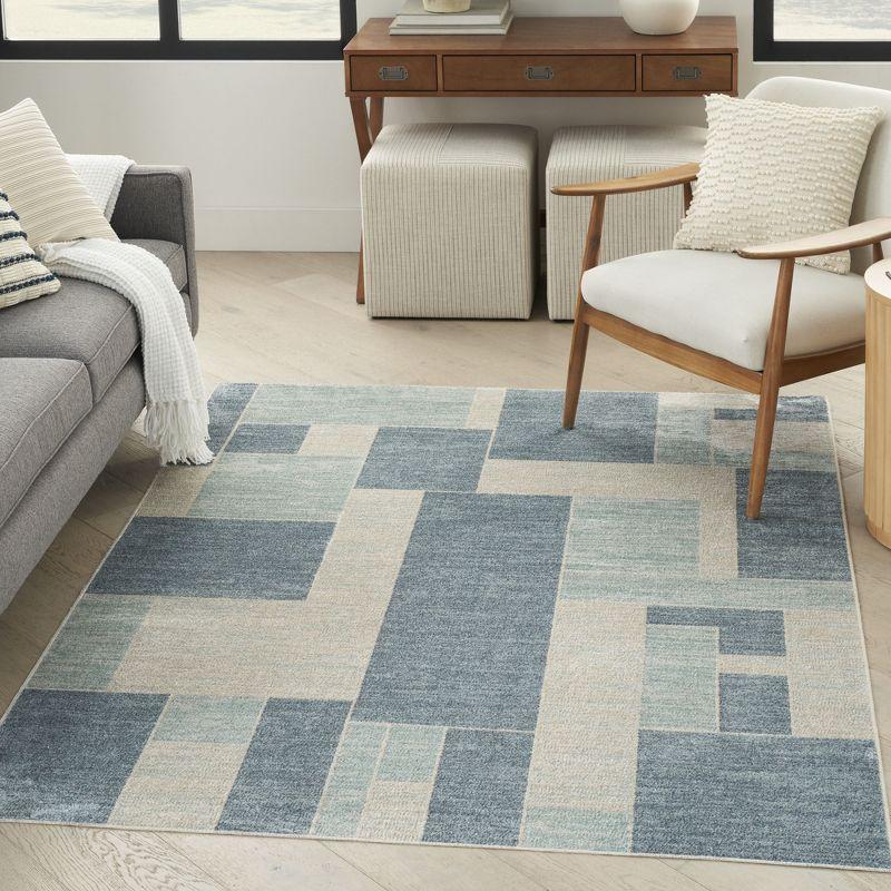 Nourison Astra Machine Washable Contemporary Color Block Indoor Rug Blue Ivory 5'3" x 7'