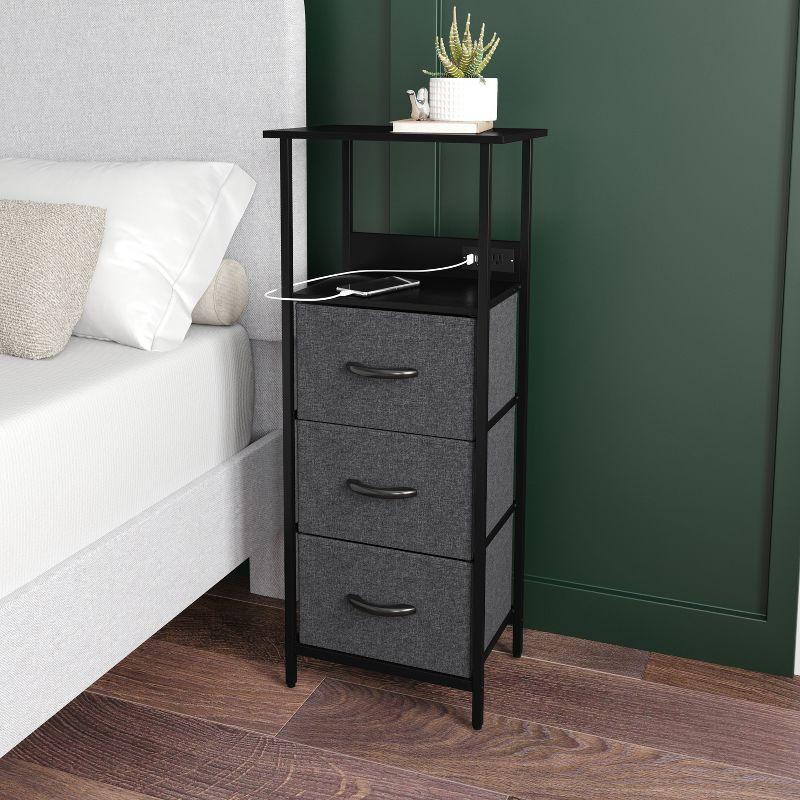 Emma and Oliver Nightstand with 3 Fabric Drawers, Charging Station with 2 USB Ports/Power Outlet, Engineered Wood Top, Wood Handles, Metal Frame