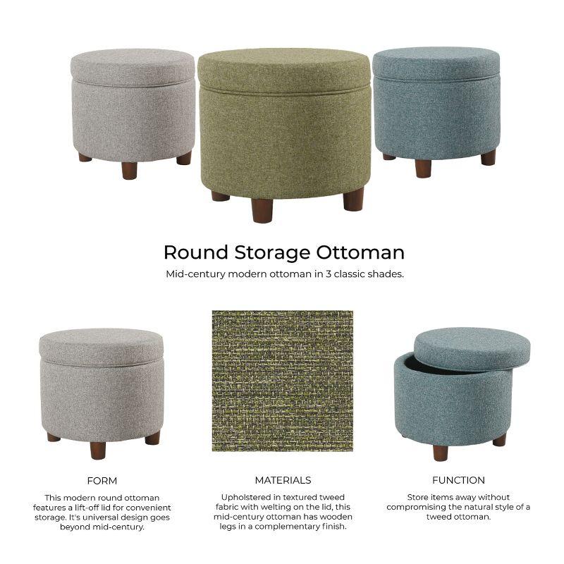 Mid-Century Modern Teal Tweed Round Storage Ottoman