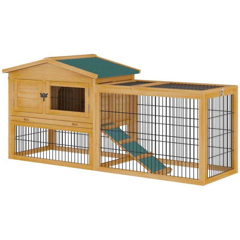 Beige Wooden Guinea Pig Hutch with Ramp and Waterproof Roof