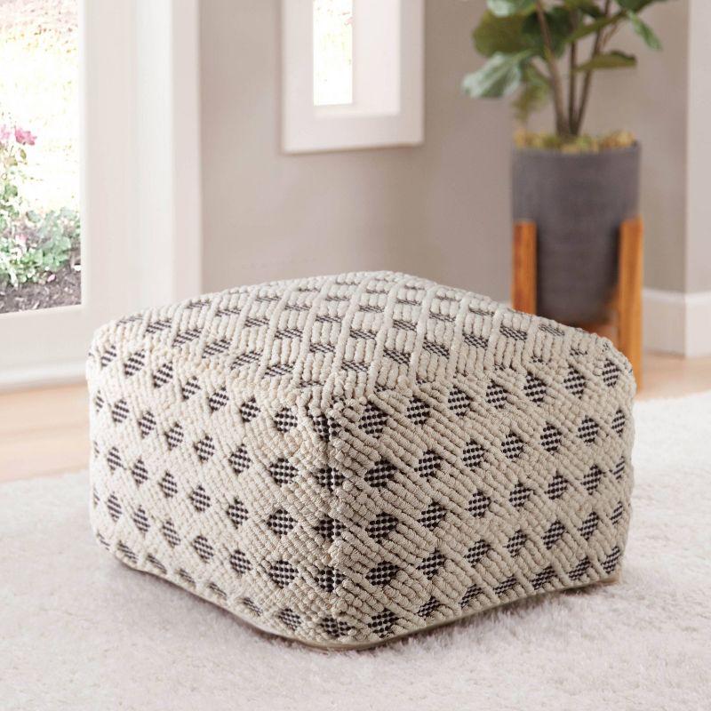 Transitional Black and Cream Handwoven Square Pouf