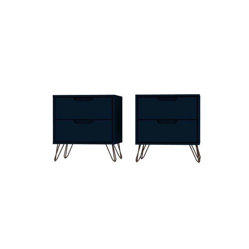 Set of 2 Rockefeller 2 Drawer Nightstands Tatiana Midnight Blue - Manhattan Comfort: Modern Splayed Metal Legs, MDF