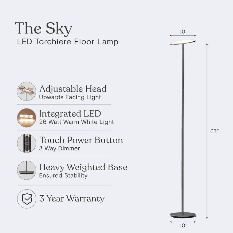 Brightech Sky Modern Dimmable Integrated LED Torchiere Floor Lamp Brushed Nickel: Touch Sensor, 3-Year Warranty, UL Listed