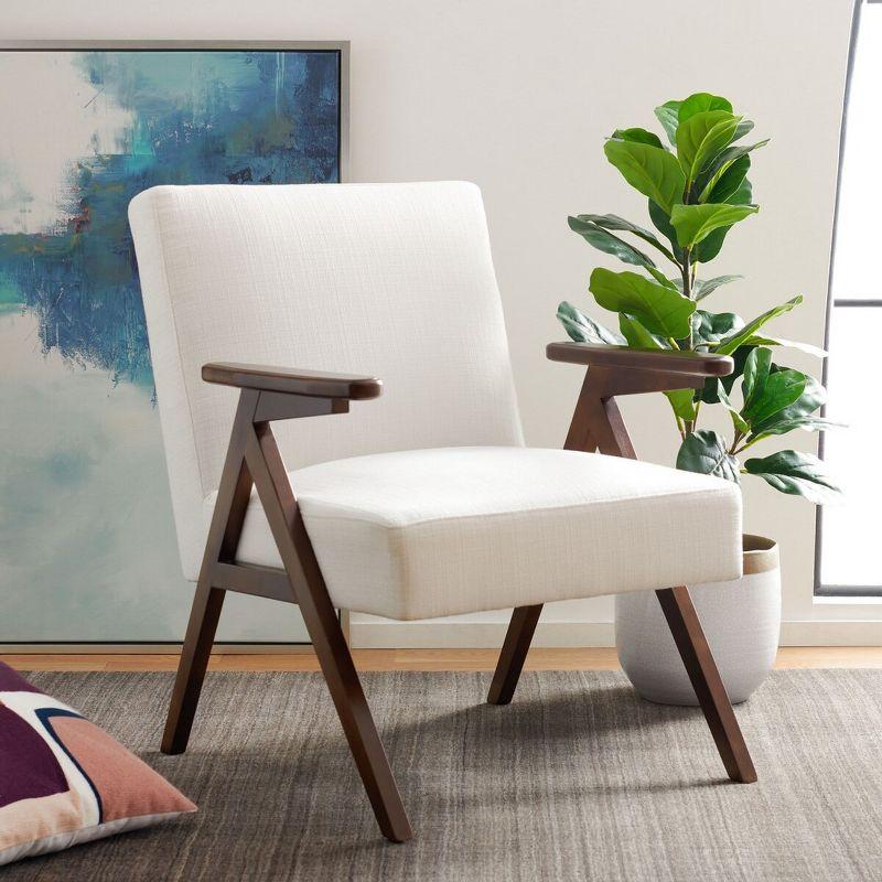 White Linen and Walnut Wood Arm Accent Chair