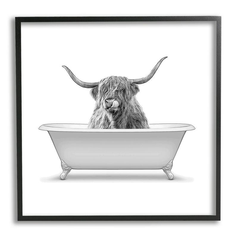 Black Framed Highland Cow in Bathtub Abstract Print