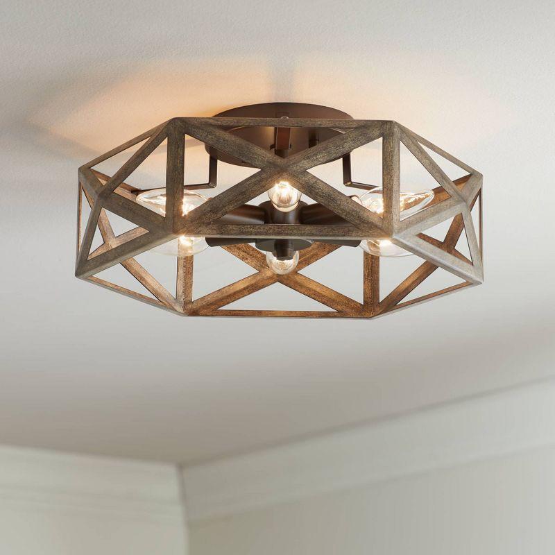 Possini Euro Design Moorcroft Modern Farmhouse Ceiling Light Semi Flush Mount Fixture 14 1/2" Wide Dark Wood Bronze 6-Light Hexagon Frame for Bedroom