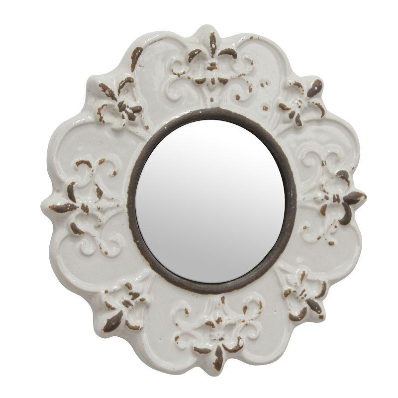 Antique White 8" Round Ceramic Fleur de Lis Wall Mirror