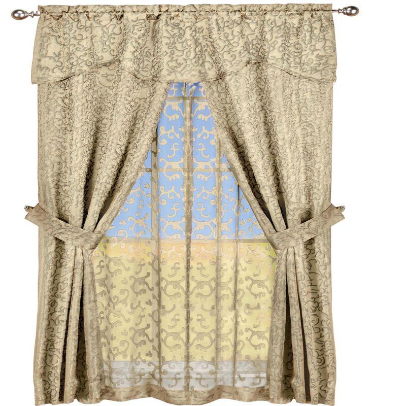 Collections Etc Insulated Scrolling Design Sheer Window Curtain Set with Tie Backs 54" x 63" Taupe