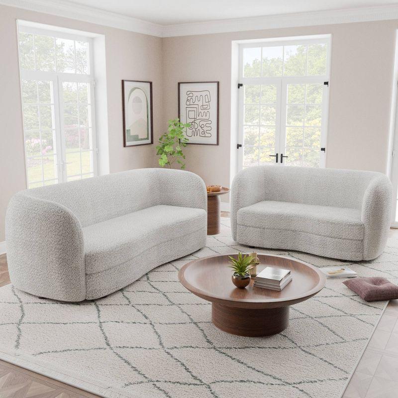 Off-White Boucle Fabric Curved Loveseat with Wooden Legs