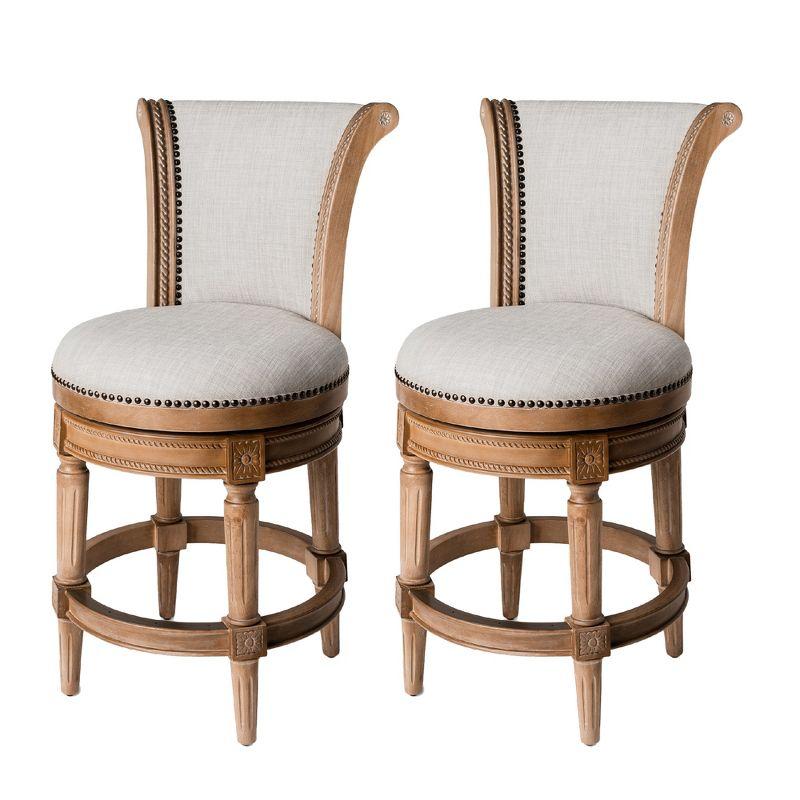 Maven Lane Pullman 26 Inch Tall Counter Height Upholstered Barstool with Back in Weathered Oak Finish with Sand Color Fabric Cushion Seat, Set of 2