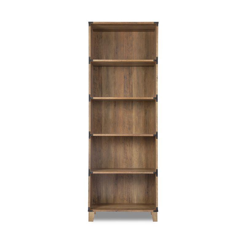 Rustic Oak 5-Shelf Bookcase with Black Metal Brackets