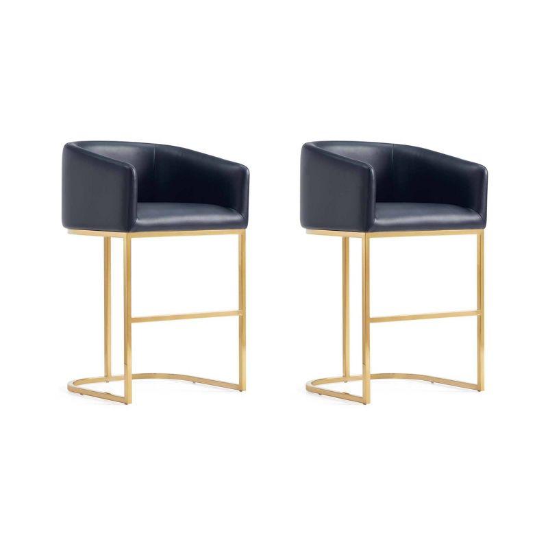 Black Leather and Gold Metal Counter Height Barstools, Set of 2