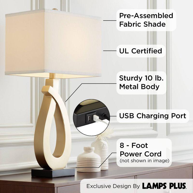 360 Lighting Simone Modern Table Lamps 28" Tall Set of 2 Sculptural Gold Metal USB Charging Port White Rectangular Shade Bedroom Living Room