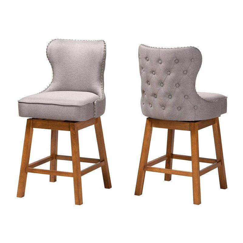 2pc Gradisca Wood Swivel Counter Stool Set Gray/Walnut Brown - Baxton Studio: Upholstered, Button Tufted, Nailhead Trim