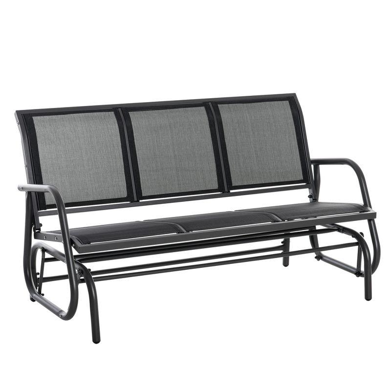 Outsunny Patio Glider Bench, Outdoor Porch Glider Swing with 3 Seats, Breathable Mesh Fabric, Metal Frame, Black