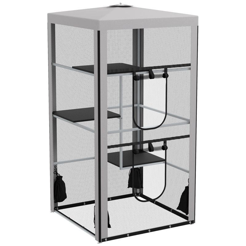 PawHut 79"H Cat House Kitten Enclosure Mesh Playpen Steel Frame with 3 Platforms, 2 Doors and 4 Sandbags for Stability, Indoor/Outdoor