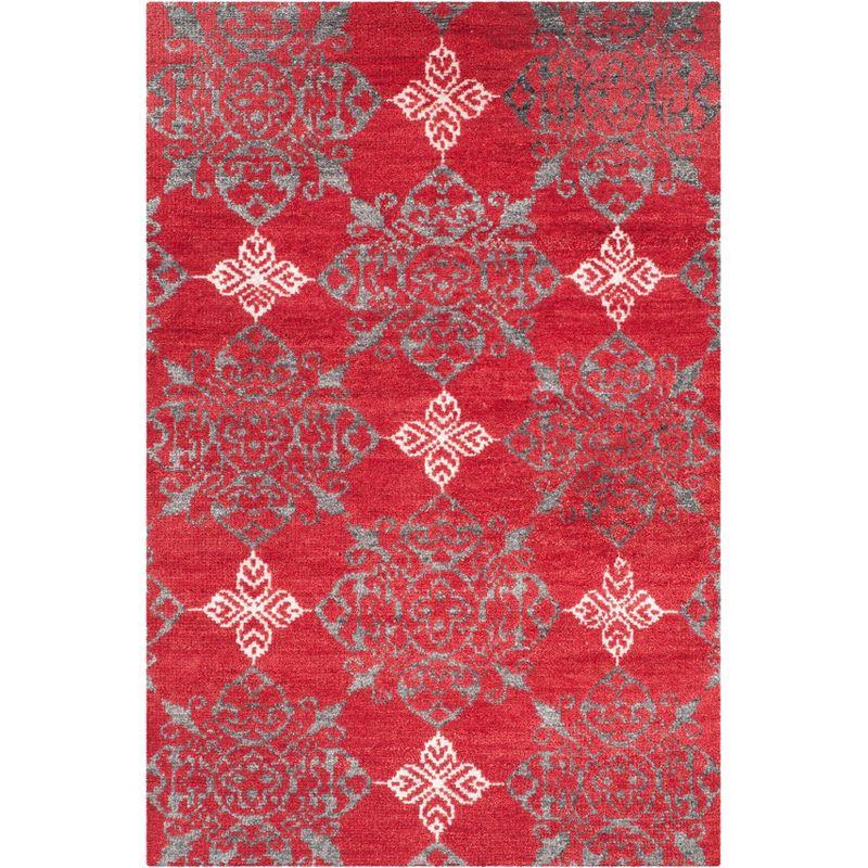 Hand-Knotted Red Wool and Silk 4' x 6' Area Rug