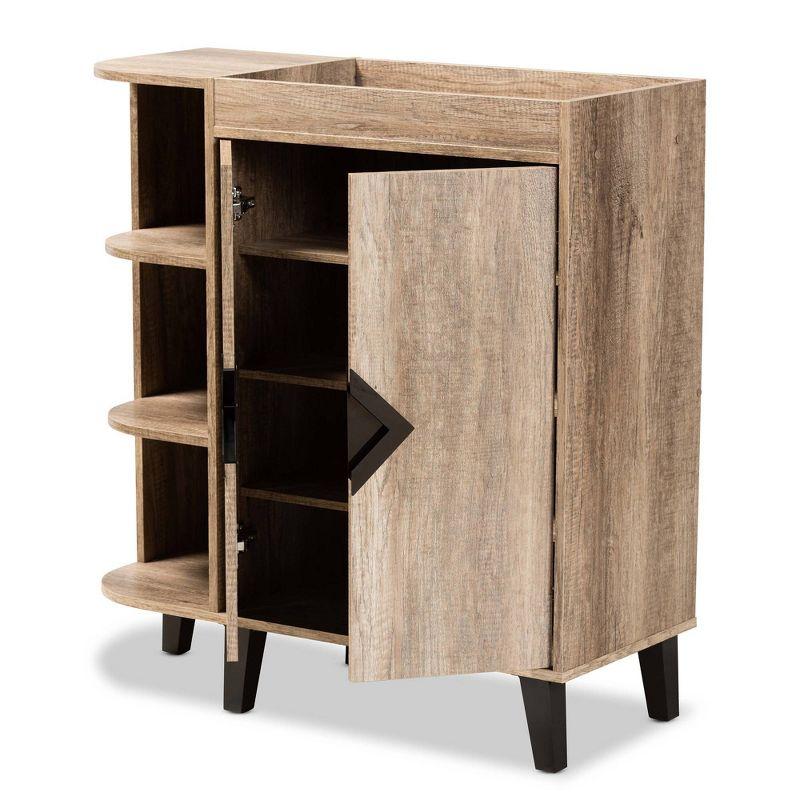 2 Door Wales Oak Wood Shoe Cabinet with Open Shelves Brown/Black - Baxton Studio: Entryway Storage, 16 Pair Capacity