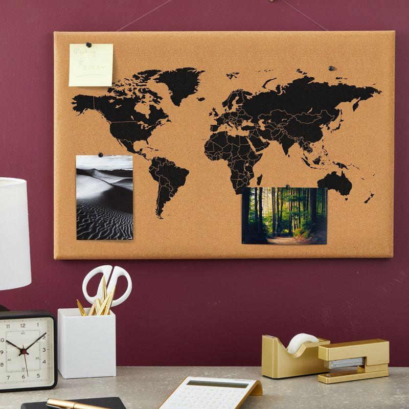 Natural Cork World Map Bulletin Board with Black Markings