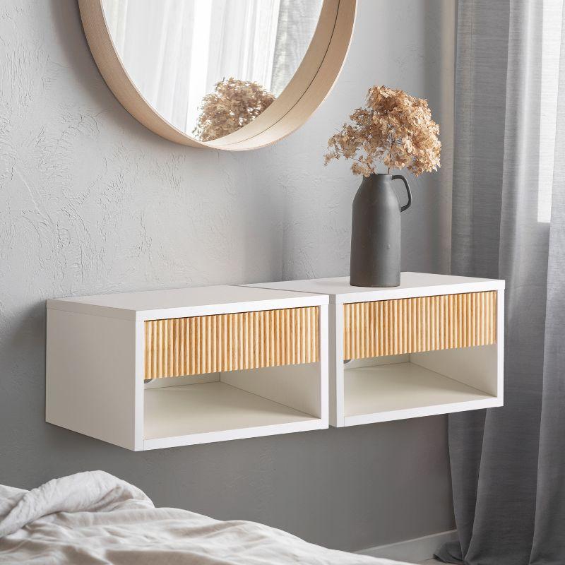 JONATHAN Y Mid-Century Modern Floating Wall Mounted Nightstand with Soft-Close Rattan Drawer and Cable Hole