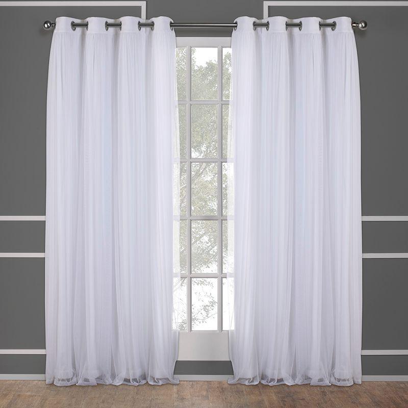 Set of 2 (108"x52") Catarina Layered Solid Blackout & Sheer Window Curtain Panel: White Curtains, Room Darkening