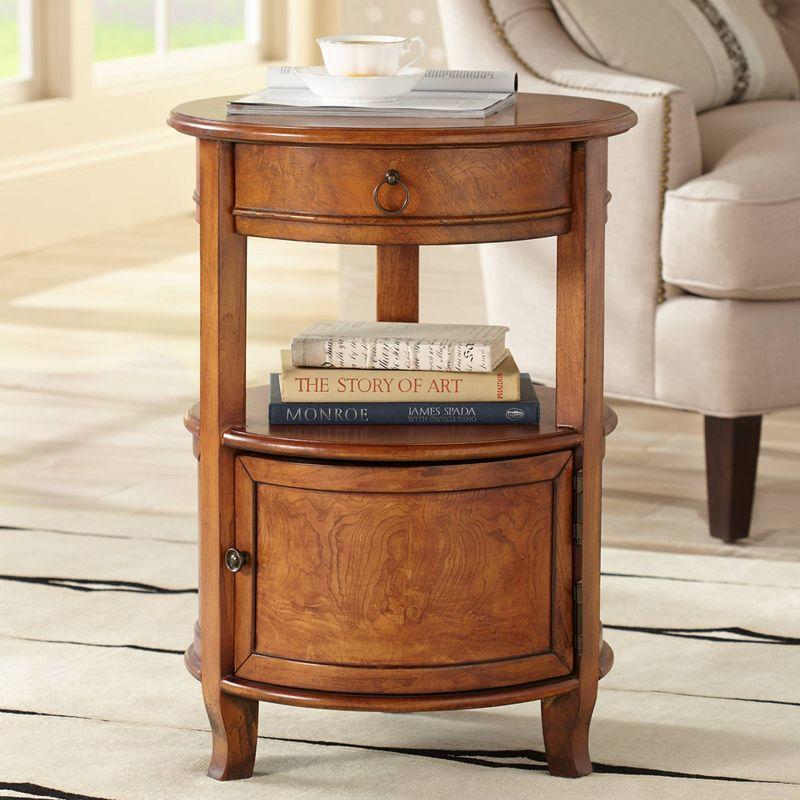 Kensington Hill Kendall Vintage Wood Round Accent Table 20" Wide with Drawer and Shelf Cherry Curved Legs for Living Room Bedroom Bedside Entryway