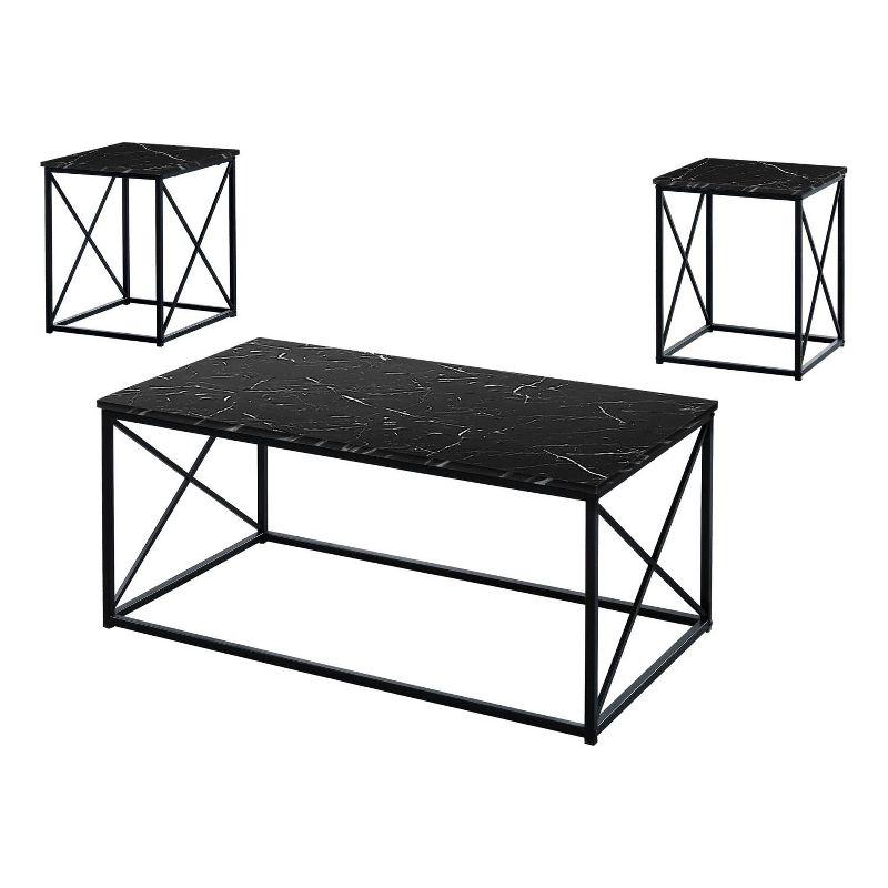 Monarch Specialties Table Set 3Pcs Set Coffee End Side Accent Living Room Metal Laminate Black Marble Look Contemporary Modern