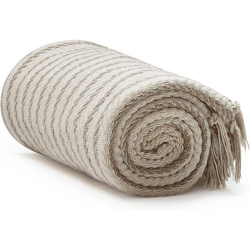 Americanflat 100% Cotton Throw Blanket for Couch - 50x60 - All Seasons Neutral Lightweight Cozy Soft Blankets.[Cream Beige Pinstripe]