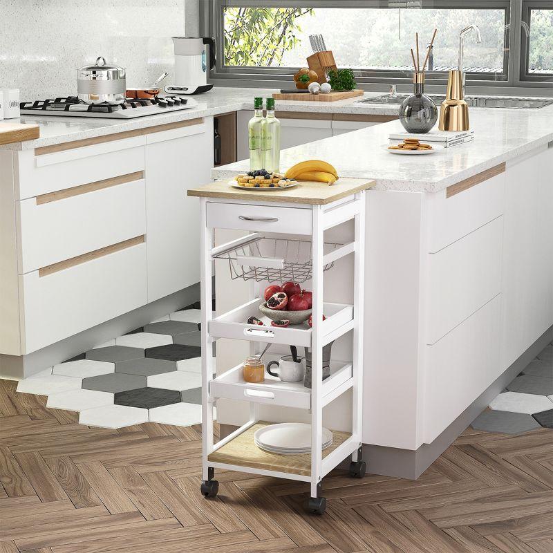 HOMCOM Mobile Rolling Kitchen Island Trolley Serving Cart with Underneath Drawer & Slide-Out Wire Storage Basket, White