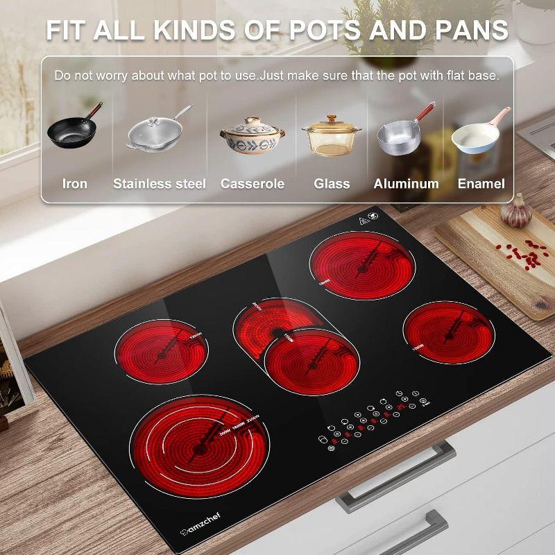 30 Inch cooktop,8500 Watt 5 Stoves,9-section heating Burner,Timer function,Waste heat alarm,Touch control,Scratch-resistant vitro ceramic glass