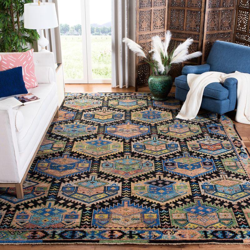 Luxuriant Blue Geometric Hand-Knotted Wool 6' x 9' Area Rug